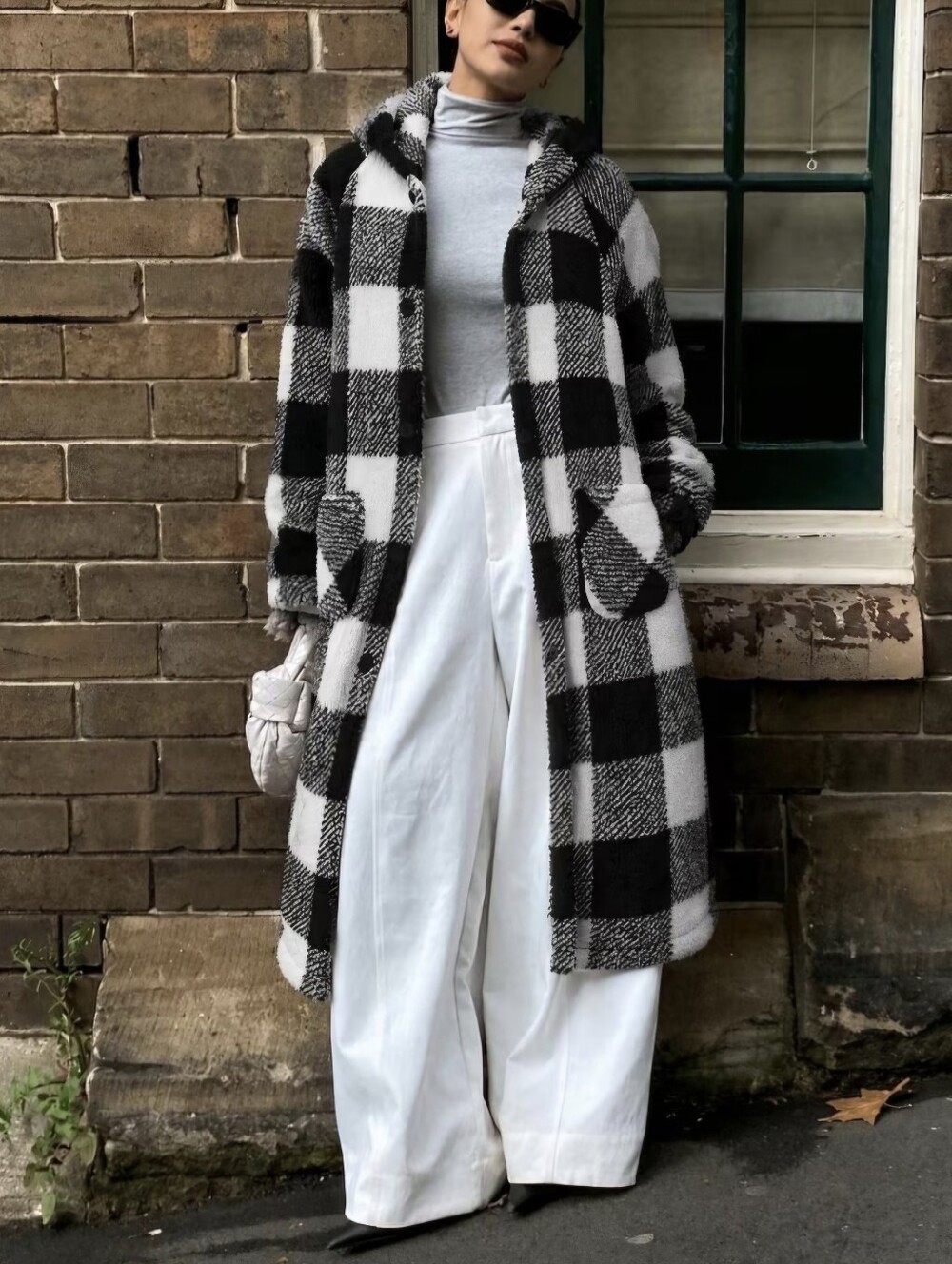 Black And White Checkered Color-block Women'S Fleece Jacket, Hooded And Warm